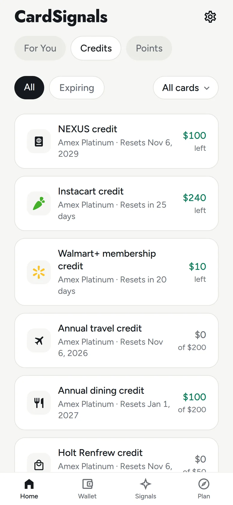 Credits screen: NEXUS, Instacart, Holt Renfrew and Walmart+ credits with the amount left and when each resets.
