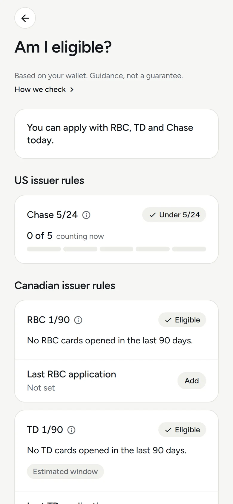 Eligibility screen: you can apply with RBC, TD and Chase today; under 5/24 with 0 of 5 counting.